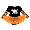 Halloween Max Style Long Sleeve Black Baby Bodysuit Orange Pettiskirt & White Skeleton Print JS4777